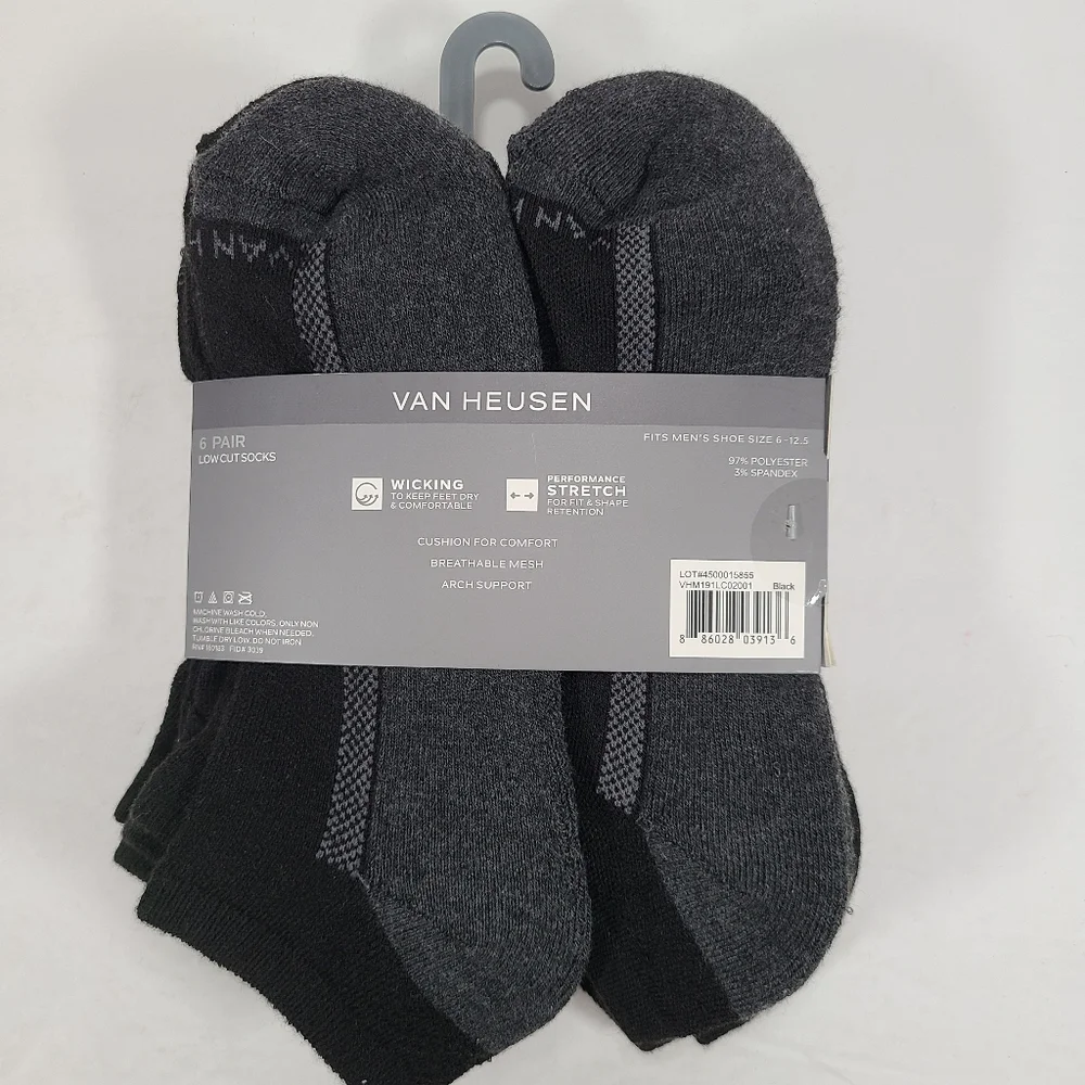 Van Heusen Black Gray Performance Low Cut Socks 6 Pair Men Size 6-12.5